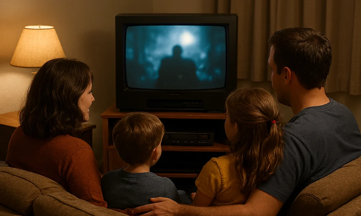 Família reunida assistindo lembranças antigas na televisão