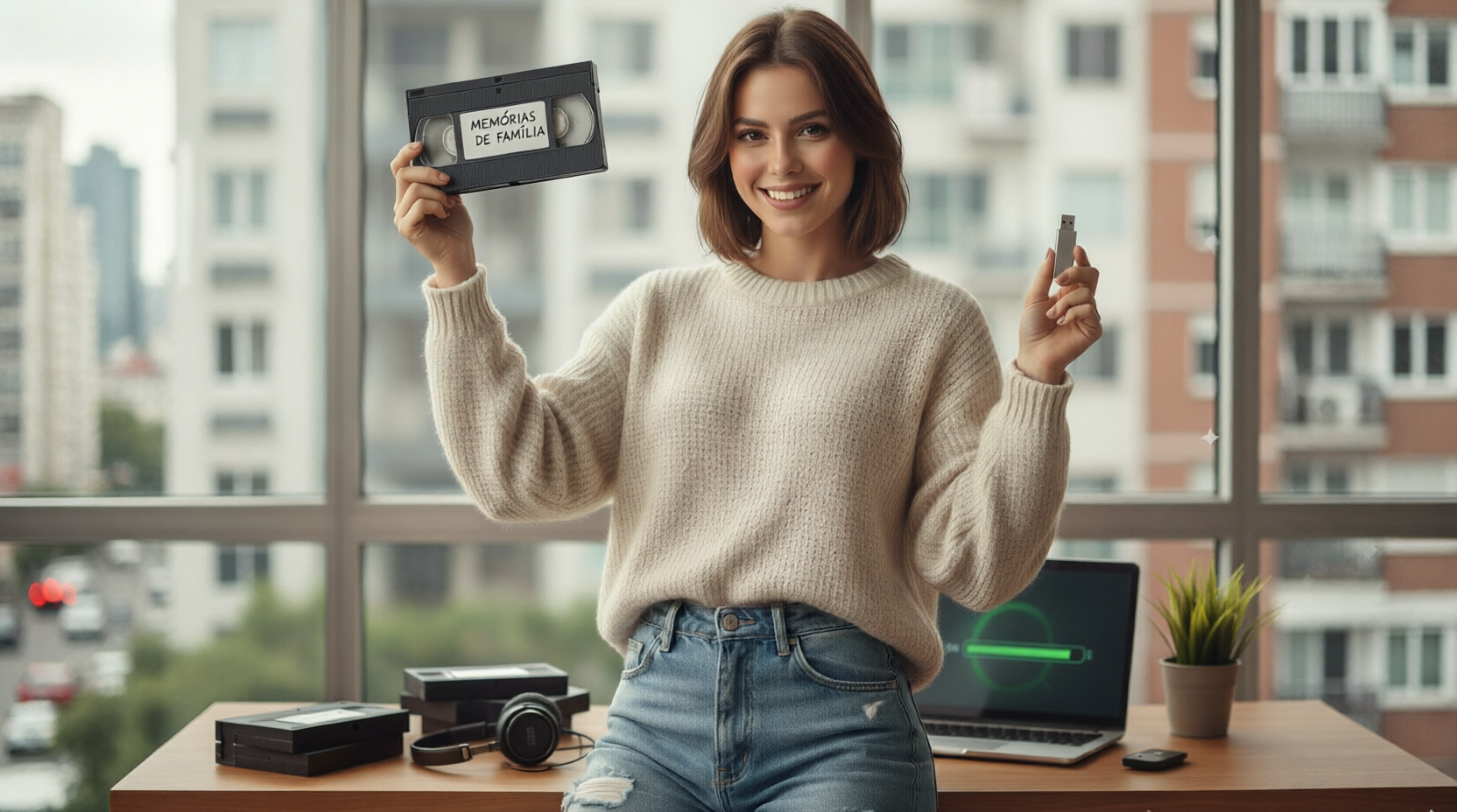 Família revendo lembranças antigas convertidas para digital
